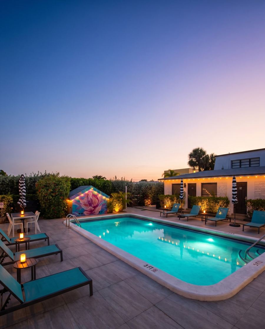 Pier Walk pool at night, string lights and moon over the poolhouse mural